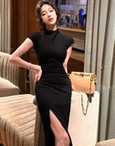 Women Sexy Bodycon Long Slim Dress Spring Summer New Short Sleeve Party Club Prom Elegant Black Clothes