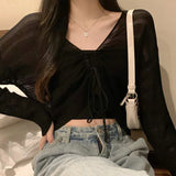 Pink Hollow Out Cardigan Women Sweet Kawaii Slim Ladies Shirt Solid All Match Drawstring V Neck Female Top Summer New