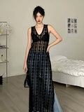 Sexy Vintage Lace Tank Dresses See Through Summer Women Sleeveless Mesh Maxi Dress Black Beach Cover Up Y2k Long Dress