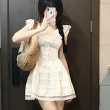 Y2k Coquette White Lolita Sweet White Kwaii Cute Mini Dress Women Lace Bow Princess Slip Lace Short Dresses 2024 Fashion