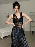 Sexy Vintage Lace Tank Dresses See Through Summer Women Sleeveless Mesh Maxi Dress Black Beach Cover Up Y2k Long Dress