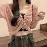 Pink Hollow Out Cardigan Women Sweet Kawaii Slim Ladies Shirt Solid All Match Drawstring V Neck Female Top Summer New