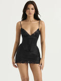 Sexy Lace Satin Slip Mini Dress with Corset Classy Simple Spaghetti Strap V Neck Black Party Dresses for Women