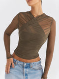 HiqdressSheer Mesh Long Sleeve Sexy T-shirt Women Autumn New V Neck Zipper Layered Skinny Club Party Sexy Tops