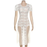 Y2k Fairycore See Through Floral Lace Mesh White Dress Summer Retro Puffy Short Sleeve Long Dresses Coquette