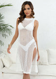 Women Summer Sexy Hollow Out Knitted Beach Cover Up Double Side Slits Dress Femme Beachwear Round Neck Sleeveless Clothes