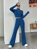 Hiqdress- Spring Knitted 2 Piece Sets Women Tracksuit Long Sleeve Vintage Sweater Crop Top Flare Pants Stretch Matching Suit Outfit