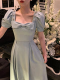 Summer Elegant Vintage Fairy Dress Women Bow Pink Sweet Party Midi Dress Casual Retro Korean Dress Female Puff Sleeve Slim