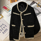 Vintage Black Tweed Jacket Women Elegant Cropped Quilted Coat Korean Commute Blazer Winter Ladies Thicken Short Outerwear