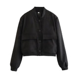 HiqdressWomen Fashion With Pockets Bomber Jacket Coats Vintage Long Sleeve Front Button Casual Female Outerwear Chic Tops