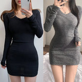 Korean Autumn/Winter Dress Solid  Spring Outfits V-neck Slim Fit Sexy Wrap Hip Elastic Long Sleeve Dress