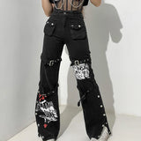 Women's Gothic Black Cargo Pants Aesthetic Harajuku Bandage Goth Pant Y2K Streetwear Vintage Punk Wide Leg Baggy Trousers