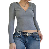 Women's Long Sleeve Cropped Tops Solid Color Ribbed V-Neck Hood Slim Fit T-Shirts for Spring Summer Knitt y2k Basic