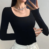 HiqdressU Neck Long Sleeve Shirt Women Warm Fleece Sexy Cropped Tops Autumn Winter Black Casual Skinny Slim Basic T Shirt Woman