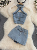 HiqdressWomen Halter Backless Sexy Denim Top Hig Waist Shorts New Two Piece Set Temperament Fashion Spring Summer