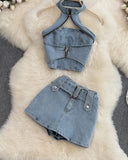 HiqdressWomen Halter Backless Sexy Denim Top Hig Waist Shorts New Two Piece Set Temperament Fashion Spring Summer