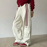 American Retro Lazy Style Wide Leg Pants Women Solid Stripes Elastic High Waist Drawstring Loose Casual Straight Sports Trousers