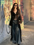 Vintage Black See Through Long Cardigan Slim V Neck Streetwear Sexy Grunge Tops Summer Y2k Aesthetic Bandage Blouse Women