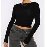 HiqdressWomen Autumn Slim Cropped Tops Solid Color Round Neck Long Sleeve Show Navel TShirt