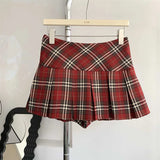 Vintage Red Plaid Pleated Skirt Women Y2K Korean Preppy Style Harajuku Mini Skirt Summer High Waist Chic A-Line Jk Skirt