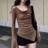 Y2K Off Shoulder T Shirt Women Fashion Korean Slim Harajuku Office Ladies Top Soft All Match Slash Neck Shirt Summer