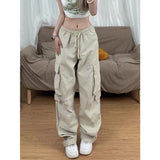 HiqdressWomen Big Pockets Cargo Pants Y2k High Elastic Waist Drawstring Baggy Trousers Vintage Casual Loose Side Zipper Straight Pants