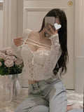 Spring Sexy Bodycon White Blouse Women Slim Korean Fashion Y2k Crop Tops Basic Casual Vintage Lace Pullover Long Sleeve