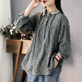 HiqdressWomen Long Sleeve Casual Shirts New Spring Vintage Style Lace Collar Floral Print Loose Female Cotton Tops Shirt