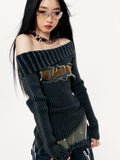 Sexy Slash Neck Vintage Letter Embroidery Gothic Sweater Fashion Slim Fit Jumpers Y2k Punk Top Harajuku Casual Grunge Clothes