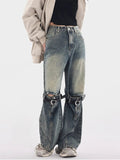 QWEEK Harajuku Retro Blue Jeans Women Y2K Streetwear Hollow Out Denim Pants Oversized 90s Vintage Hippie Punk Wide Leg Trousers