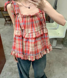 Vintage Square Collar Sweet Plaid Tanks Women Summer Casual Bow Bandage Tank Tops Japanese Kawaii Fairy Camisoles Y2k Aesthetic