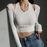 Slim Fit Long Sleeve T-shirts Women Solid Stylish Simple Chic Halter Fake-two Pieces Crop Tops Female All-match Fashion