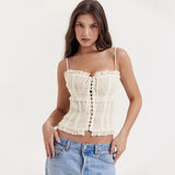 Luxury Summer Beige Crop Top Women Spaghetti Strap Lace Up Top Sexy Sheer Tops New Arrivals