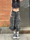 Cargo Pockets Camouflage Baggy Jorts Women Pleated Pintuck Loose Casual High Rise Denim Shorts Harajuku Retro Clothes