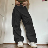 HiqdressWomen Y2K Cargo Pants Solid Low Waist Sweatpants Drawstring Wide Leg Baggy Trousers 2023 Summer Streetwear Punk Casual Tech Pant