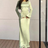 New Elegant Long Dresses Fashion Vintage Simple Round Neck Satin Flare Sleeve Lace Up Slim Evening Party Women Sexy Dress