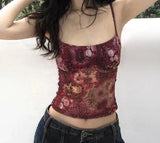 Fairycore Grunge Floral Print Crop Top Vintage 2000s Y2K Aesthetic Tank Tops Chic Korean Style Sexy Corset Boho Camis