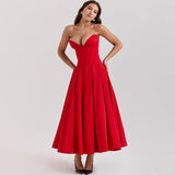 Elegant Strapless Formal Occasion Dress Summer Midi Birthday Party Dresses Red Wedding Guess Dress Women's Clothing