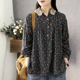 HiqdressWomen Long Sleeve Casual Shirts New Spring Vintage Style Lace Collar Floral Print Loose Female Cotton Tops Shirt