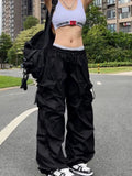 HiqdressY2K Parachute Black Pants Women Hippie Streetwear Oversize Pockets Cargo Trousers Harajuku Wide Leg Baggy Sweatpants