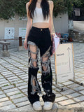 New All-Match Y2k Distressed Women Broken Hole Jeans High Street Hip Hop High Waist Straight Loose Trousers Washed Mopping Pants