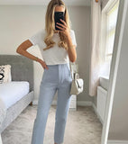 HiqdressWomen Light Blue Chic Fashion Office Wear Straight Pants Vintage High Waist Zipper Fly Female Trousers Fashion