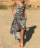 Satin Leopard Print Swinging Collar Backless Maxi Dress Halter Straps Elegant Evening Party Classic Prom Vestido