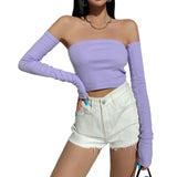 Female Crop Tops T-shirts, Solid Color Boat Neck Off Shoulder Sexy Tops Pullover with Long Sleeves for Summer Club Wear