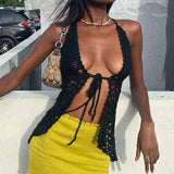 Beach Style Crochet Halter Tops Vintage Knitted Front Tie Up Tank Vest Women Sexy Backless Crop Tops Y2K Clothes Summer Holiday