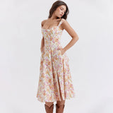 Summer Pink Floral Print Corset Dress Midi Elegant Sexy Party Dresses Holiday Birthday Casual A Line Women Clothing