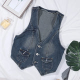 Fashion Retro Y2K Denim Vest V Neck Button Pocket Slim Short Denim Vest Women's Sleeveless Denim Jacket Vest Top Streetwear