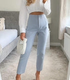 HiqdressWomen Light Blue Chic Fashion Office Wear Straight Pants Vintage High Waist Zipper Fly Female Trousers Fashion