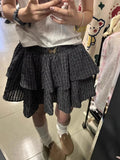 Kawaii Black Plaid Mini Skirt Women Japanese Sweet Harajuku Y2K Elastic Waist A-line Loose Ruffle Short Skirt Lolita