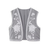 HiqdressWomen Fashion Y2k Vintage Floral Embroidery Vest Top V Neck Loose Casual Summer Woman Short Cardigan Waistcoat Chic Tops